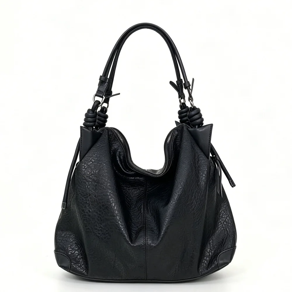 Venn Angel Women Handbag Soft Washed Faux Leather Hobo Tote Bag Large Capacity Shoulder Bag Casual Daily Shopping Handbag Black