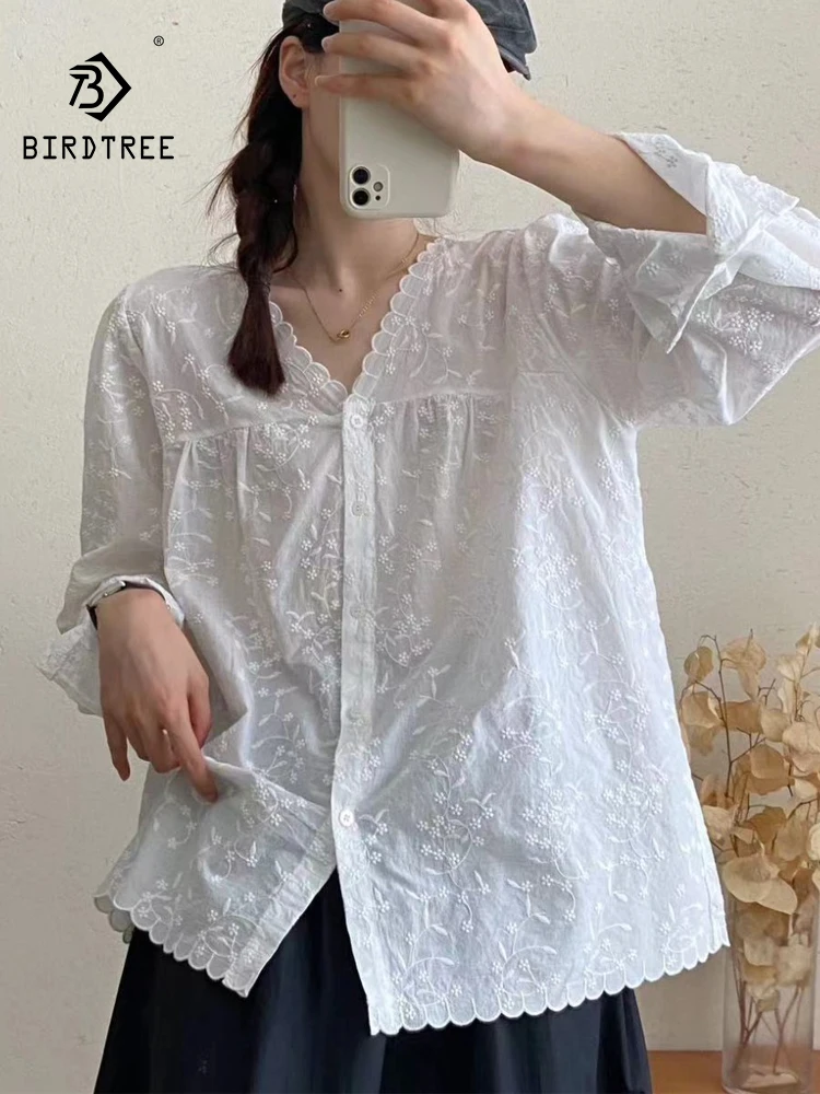 New 2025 Autumn Long Sleeve Cotton Shirt, Women V Neck Floral Embroidery, Mori Girl Retro Temperament Chic Loose Blouse T59878CC