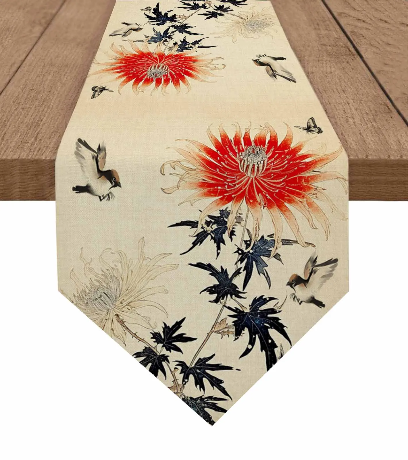 Chrysanthemum Bird Butterfly Retro Table Runner Luxury Wedding Decor Tablecloth Holiday Kitchen Dinning Table Runner