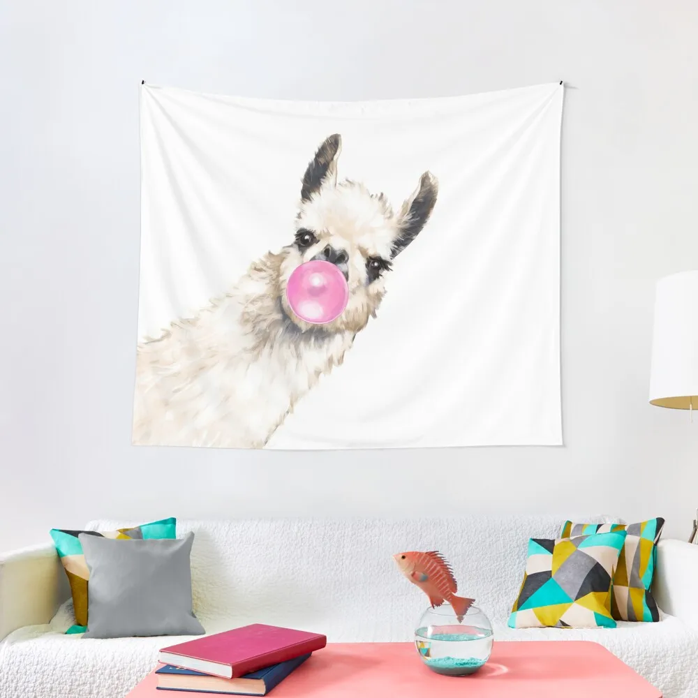 Sneaky Llama with Bubble Gum Tapestry Wall Carpet Aesthetic Decoration Tapestry