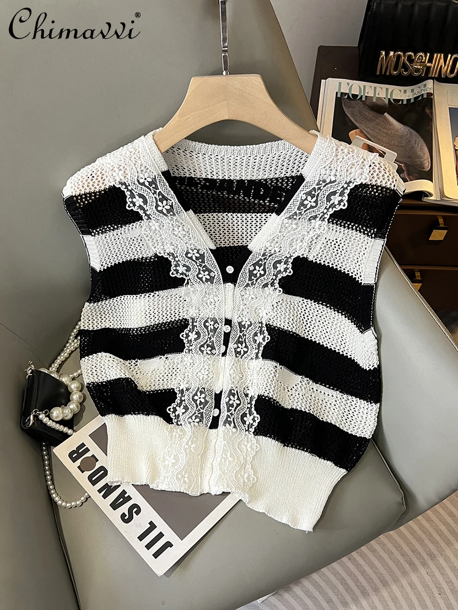 

Summer New French Fashion Lace Stitching Contrast Color Striped Ice Silk Knitted Vest Loose Sleeveless Elegant Vest Women's Top