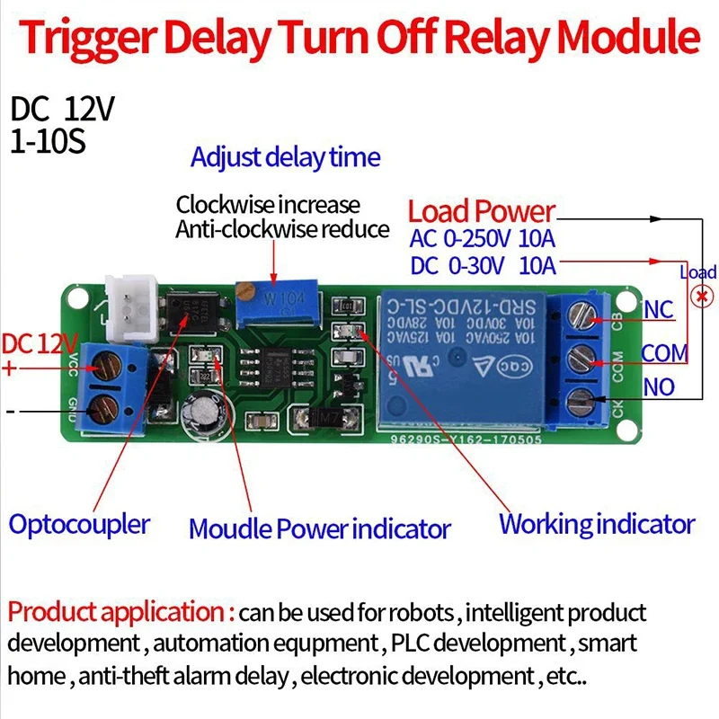 Módulo de desligamento de atraso de temporizador ajustável DC 12V Interruptor de tempo de relé de temporização 1 ~ 10 segundos Módulo de interruptor de desligamento de atraso