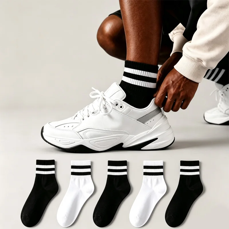 5 paires de chaussettes mi-mollet à rayures contrastées, élastiques et légères, pour hommes, style minimaliste urbain, pour le quotidien et les tenues décontractées