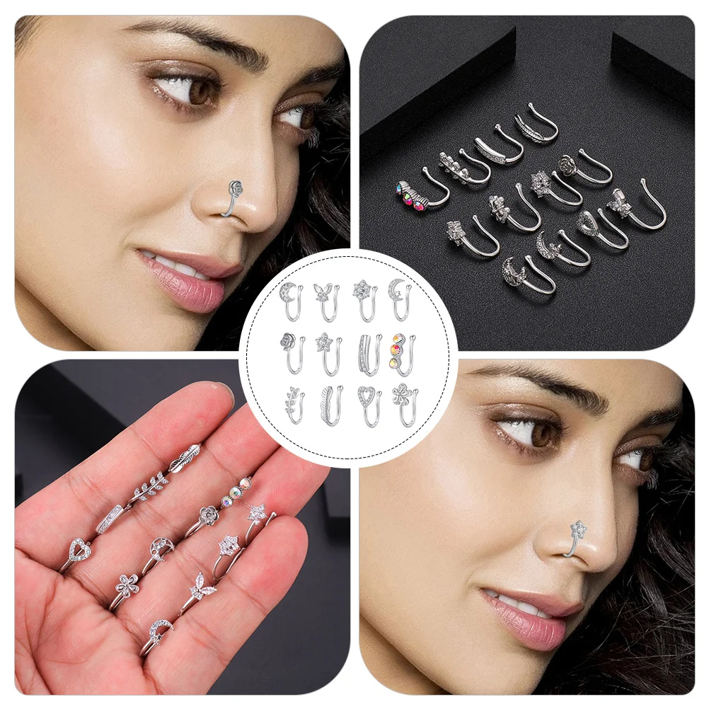 12 قطعة الزركون كليب مجوهرات للنساء لا ثقب وهمية الأنف الدائري موضة ديكور الحفلات سيدة أنيقة الأنف الزينة