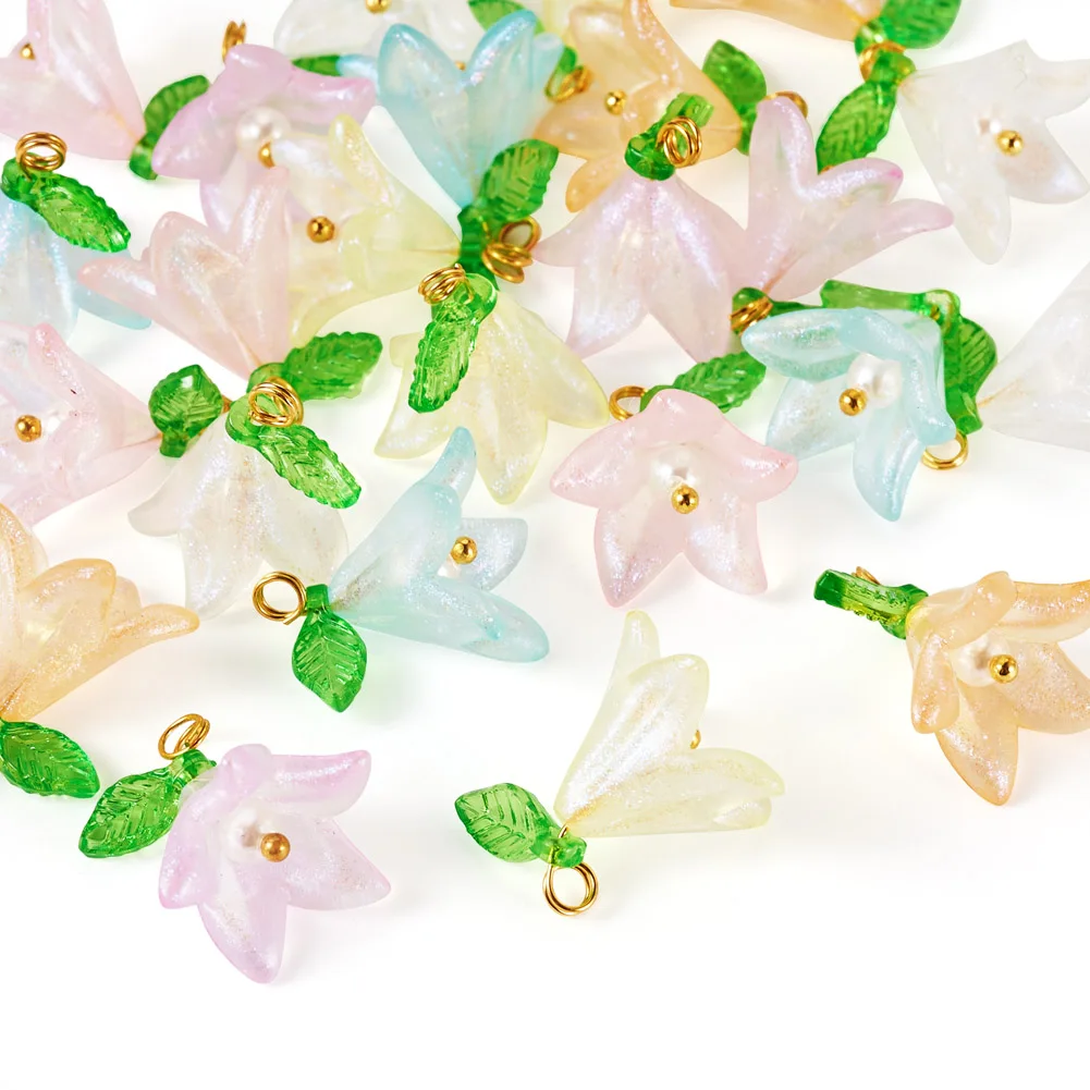 Flower Acrylic Glass Pendant Floral Bud Morning Glory with Green Leaf Charms Dangle Earring Bracelet Jewelry Making DIY Supplies