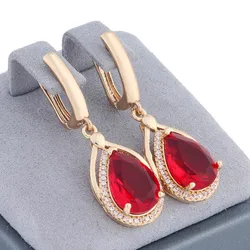 New Trendy Big Drop & Dangle Earrings Gold Color With Shiny Red Zircon High Quality Fashion Jewelry Elegant Wedding Earrings