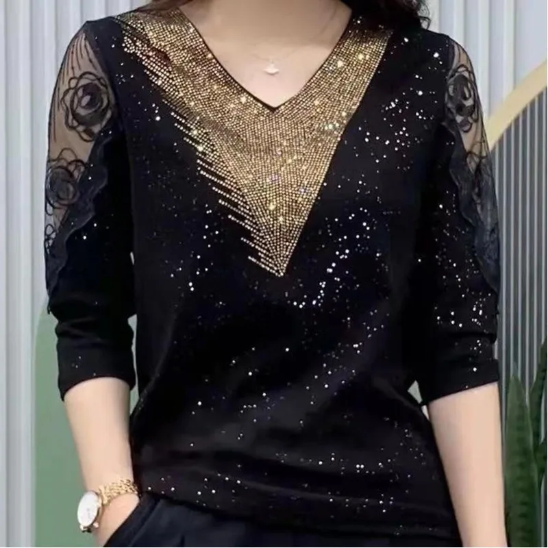 Women's Spring and Autumn Fashion Casual Elegant Pullover Solid V-Neck Hot Diamond Lace 3/4 Sleeve Slim Fit Bottom T-shirt Tops