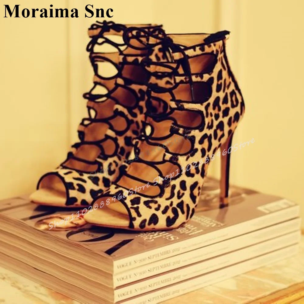 

Trendy Leopard Print Cross Tied Sexy Sandals Thin High Heel Women Shoes Back Zipper Peep Toe 2025 Fashion Zapatos Para Mujere