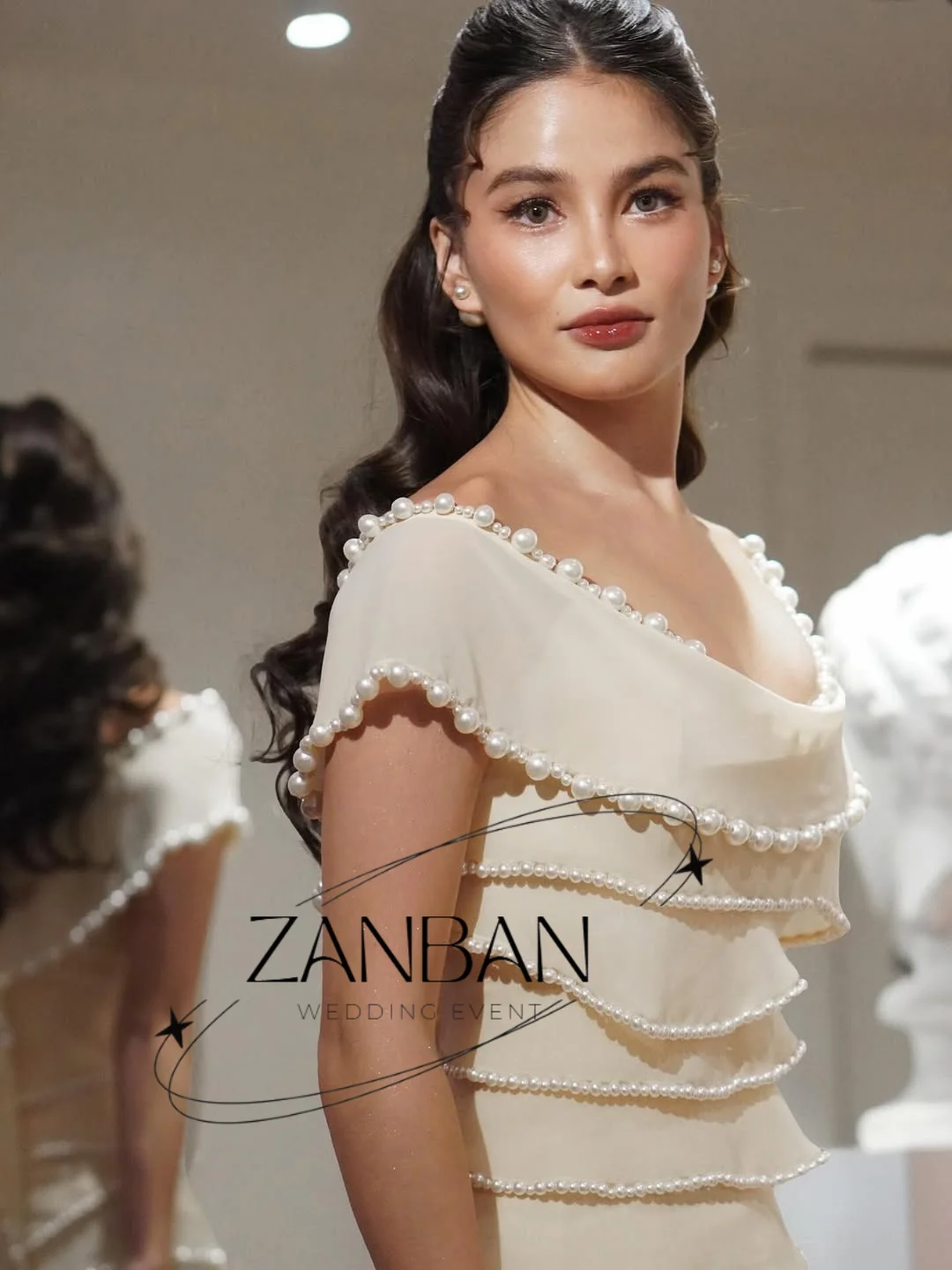 ZanBan Modern Beige Chiffon Evening Dresses Tiered Pearl Prom Gown 2026 Pleat Off Shoulder Formal Occasion Dresses Customized image 3