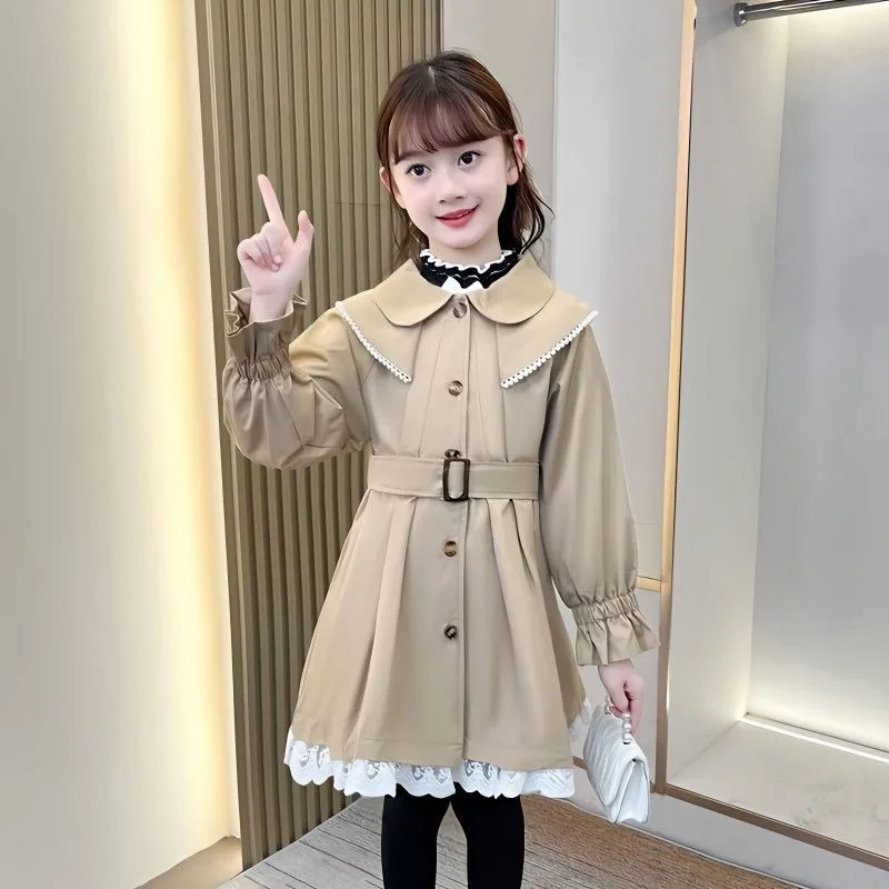 2025 New Girls' Autumn Korean Style Stylish Mid Length Trench Coat Windbreaker for Big Kids Tween Girls