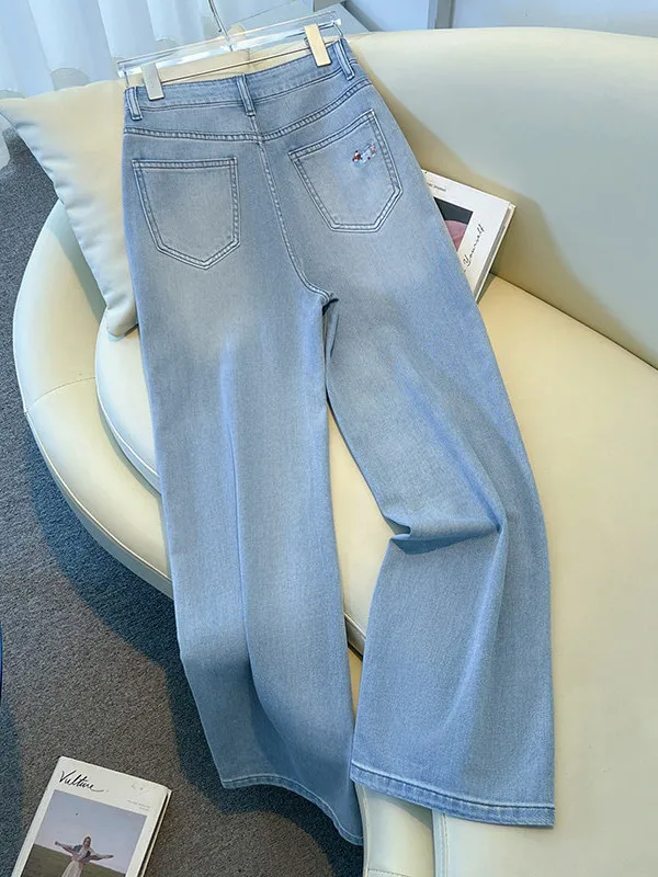 Light Blue Cartoon Embroidered Jeans Women's High Waist Straight Leg Wide Leg Pants Spring Summer New Style plus Size Slimming