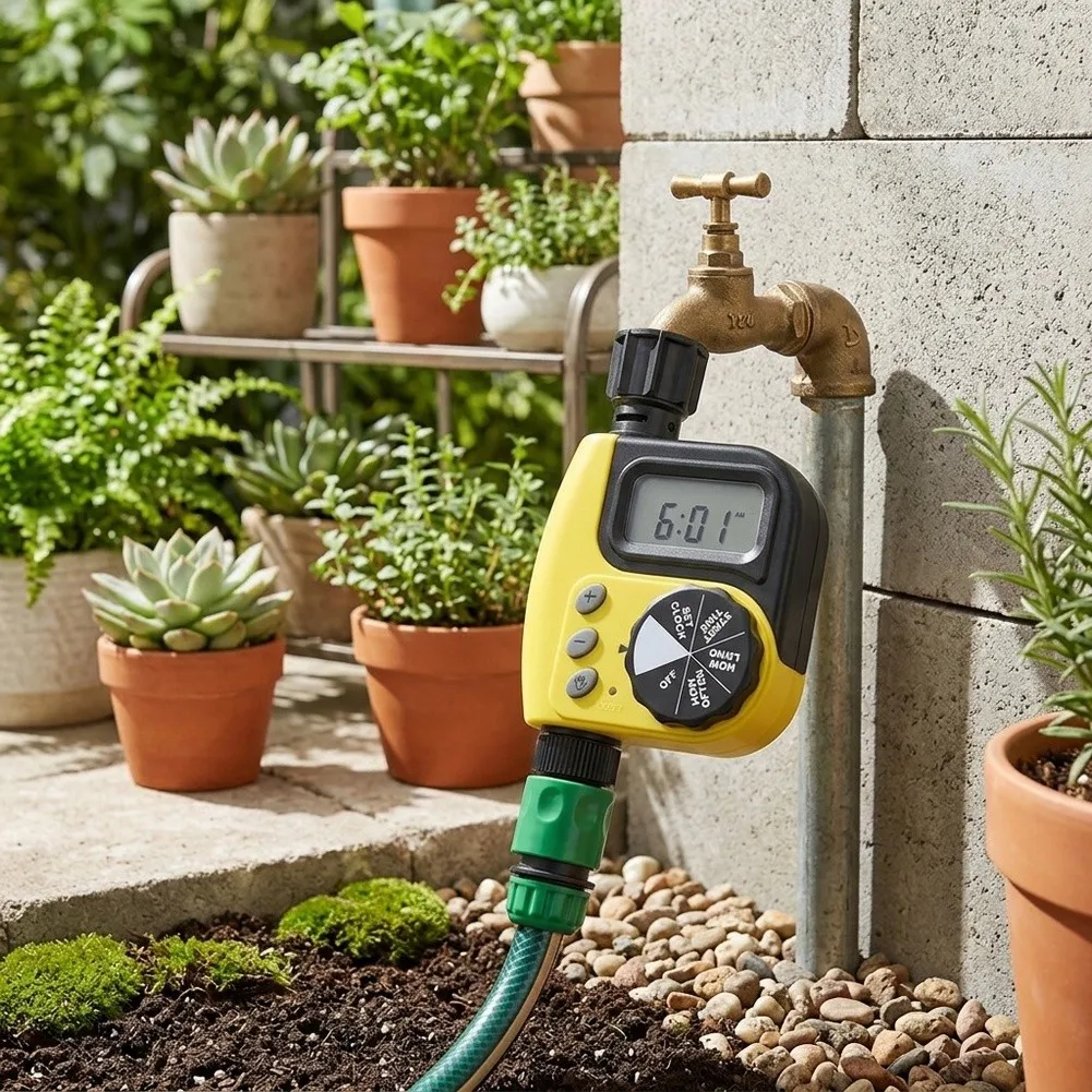 Low Profile Sprinkler Timer for Deck and Patio Use with Compact 14.5 x 10 x 6.5 cm Dimensions and Lightweight Build