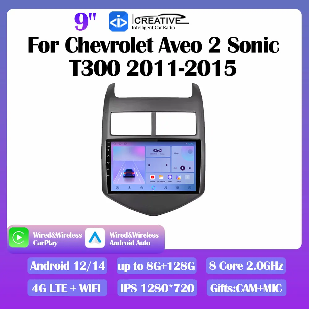 Android 14 Radio de coche para Chevrolet Aveo 2 Sonic T300 2011-2015 reproductor de vídeo Multimedia estéreo Navi GPS CarPlay Autoradio Auto