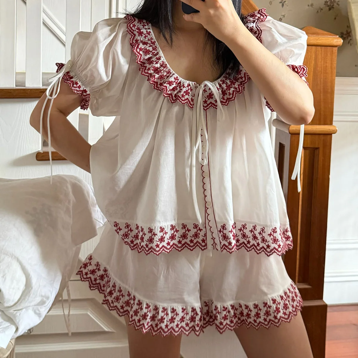 Pinkgoddess 100% High Count Cotton White Embroidered Print Fairy Sweet Sleepwear Women's Short Sleeve Home Suit Fairy Summer Set