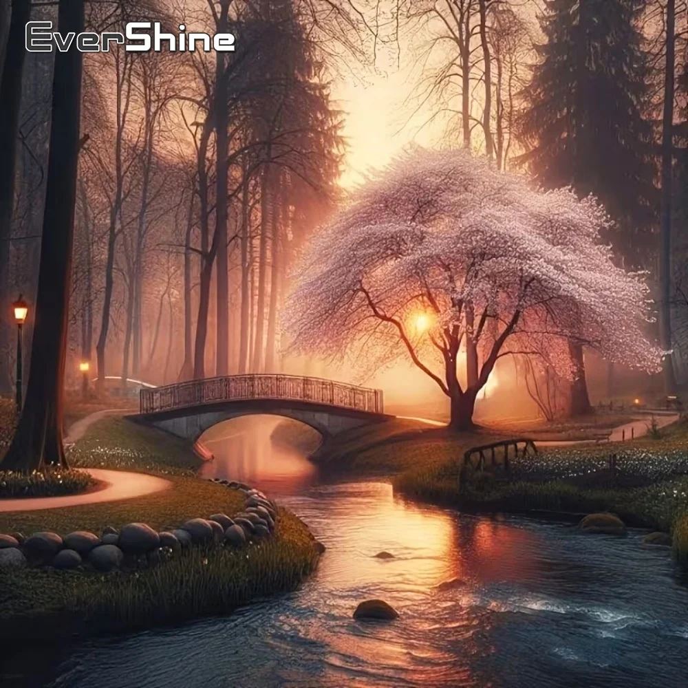 EverShine Diamant-Mosaik Baum Sonnenuntergang Landschaftsbild Strass Diamantmalerei Brücke DIY Kreuzstich Einzigartiges Geschenk