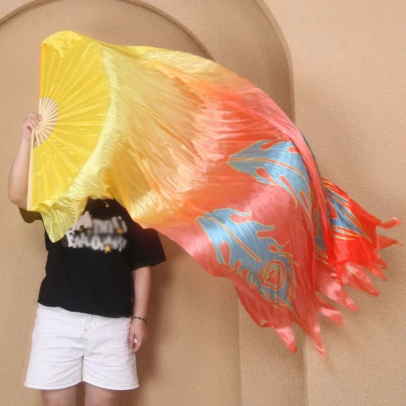 Voile d'Éventail de enquêter Droit pour Femme, Accessoire de brevdu Ventre, Long Voile avec Coupe, Bambou Côtelé, Imprimé Phoenix, Spectacle sur Scène, 1 Pièce