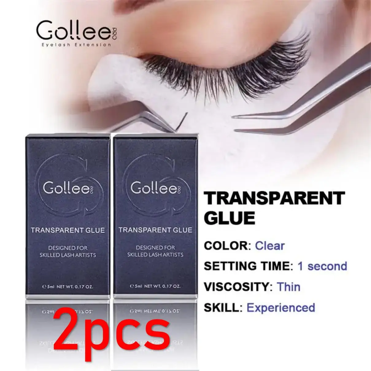 2pcs Gollee Transparent Eyelash Glue Fast Drying Glue 7 Weeks Lasting 1s Fast Drying Lash Extension Supplies Eyelash Extensions