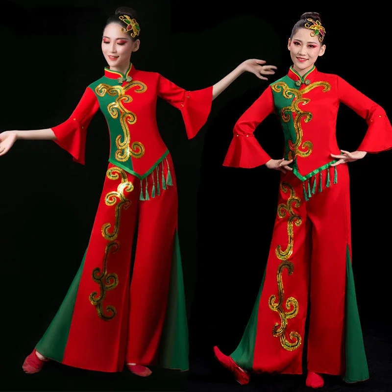 

Classical Yangko Dance Costumes Dress Female Elegant Chiffon Traditional Chinese Folk Fariy Stage Performance Waist Drum Dance