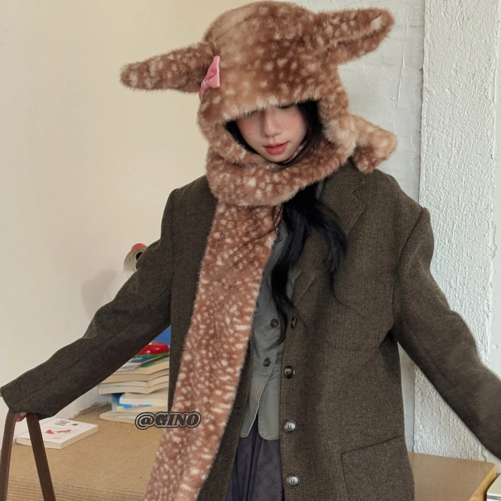 Original Plush Elk Scarf Hat All-in-one Winter New Luxury Cute Warm Deer Series Scarf Christmas New Year Gift Outdoor Hat