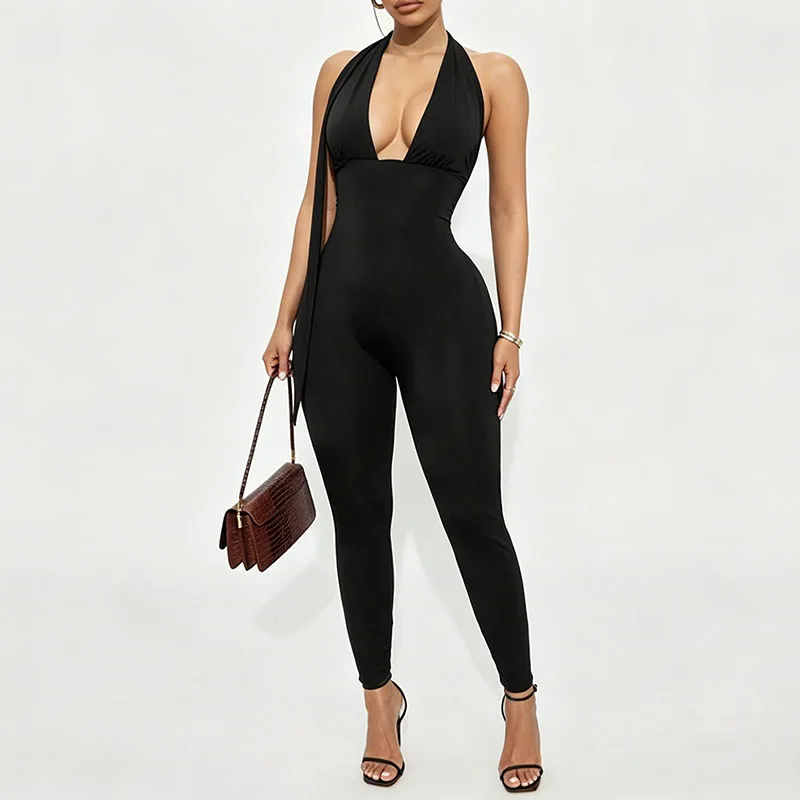 Fashion Sexy European American Off Shoulder Deep V-neck Lace Up Tight Solid Color Temperament Long Jumpsuit Women's Clothing