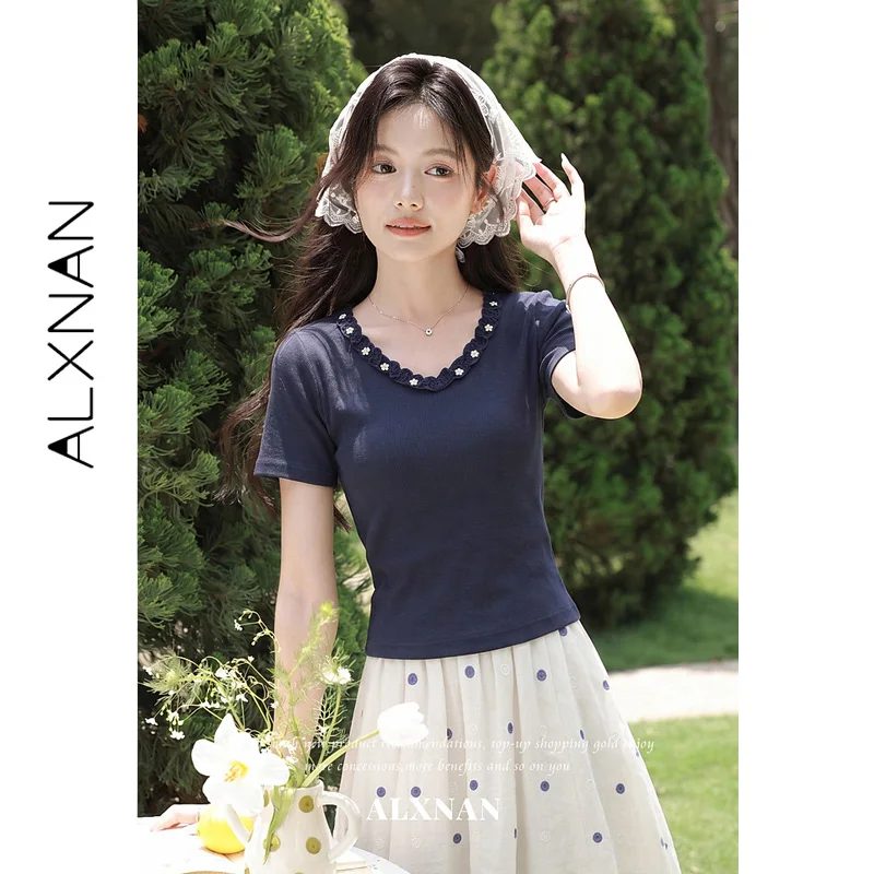 ALXNAN Blue Women's T-shirt 2026 Summer Short Sleeve V-neck Wavy Edge Floral Decorations Tees Ladies Clothing Slim-fit L67380A view 5