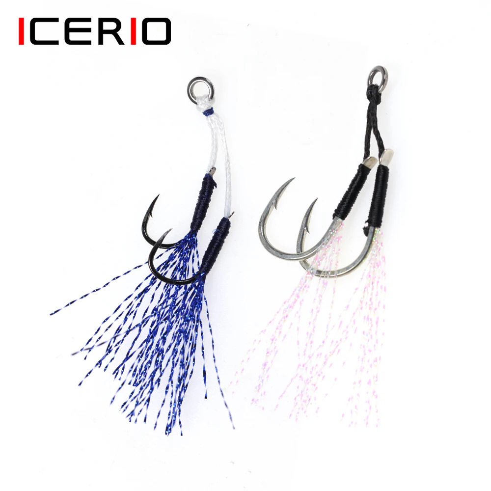 

ICERIO 5Pairs/bag 11# -20# Double Jig Hooks Barbed With Solid Ring Flash Tinsel Saltwater Fishing Jigs Spoons Lure Trailer Hooks