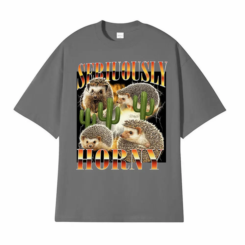 Seriously Horny Hedgehog Funny Meme Graphic T-Shirts for Men Women Fashion Vintage T Shirt 100% Cotton Casual Oversized T Shirts
