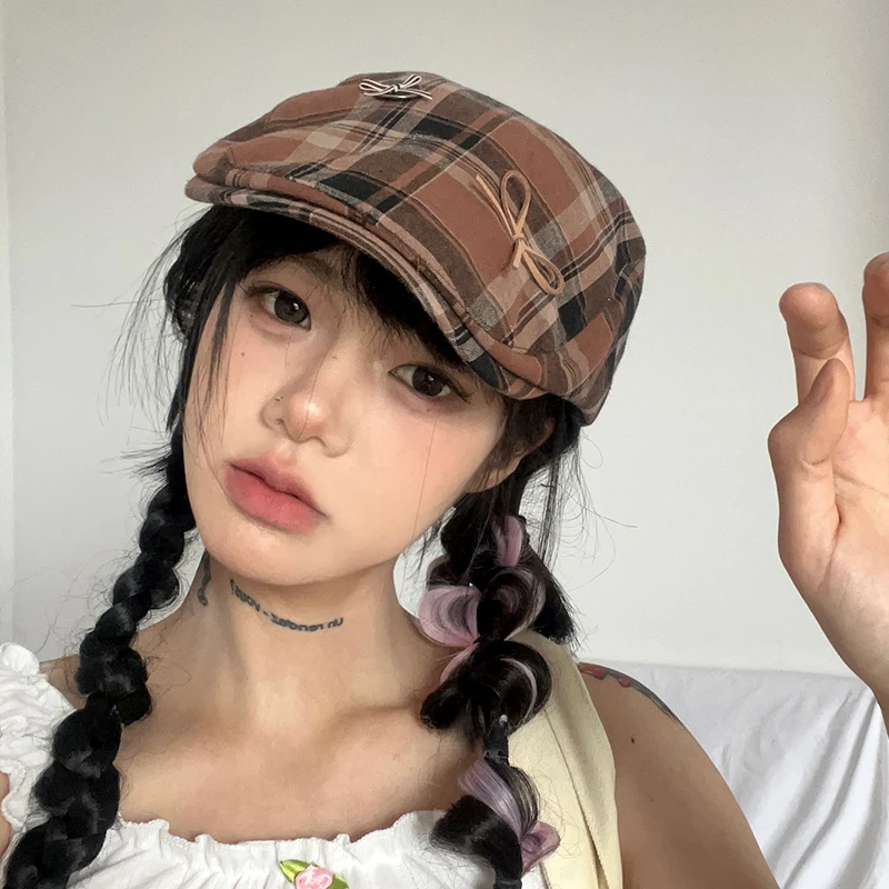 Original Bow Contrasting Color Plaid Newsboy Hats for Women Show Face Summer Thin Versatile Sunscreen Vintage Berets Cap Y2k