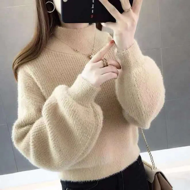 Short Mink Fur Super Hot 2024 New Autumn And Winter Lantern Sleeves Loose Outer Half High Neck Base Sweater For Women