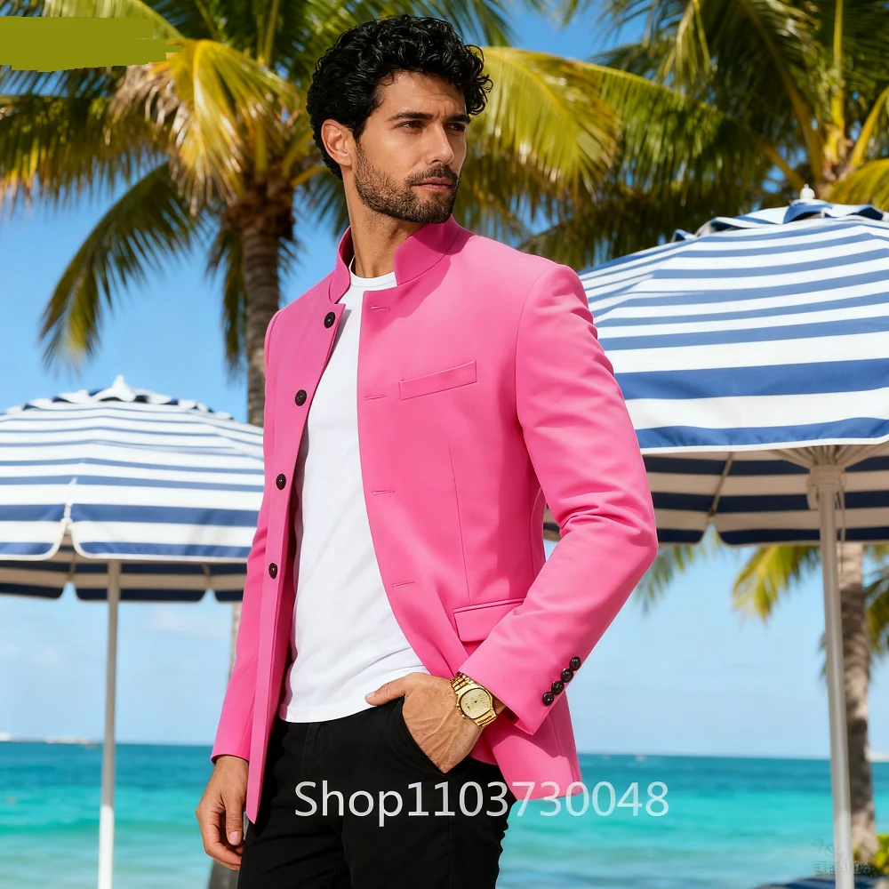 

Men's Monochromatic Stand-up Collar Blazers, Single Button Jacket, Casual Slim Suit, Men Clothing, High Quality, Fashion