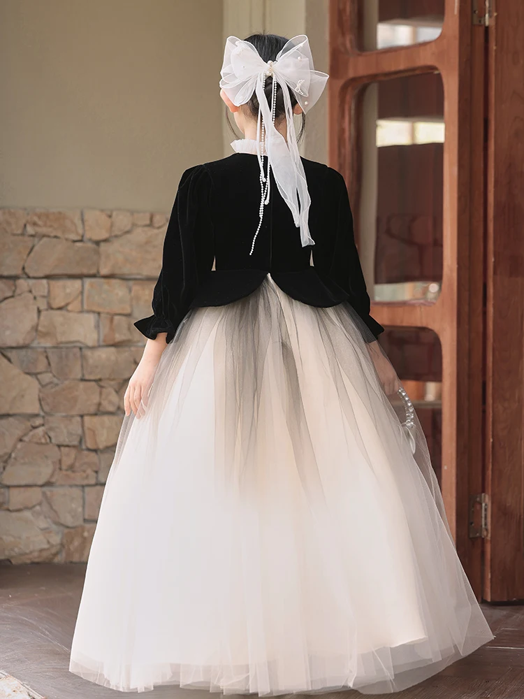 Dziewczęca sukienka księżniczki z wysokim kołnierzem i kokardą na piersi z długim rękawem do podłogi Elegancka sukienka dziecięca Sukienka dla młodszej druhny/Niestandardowe