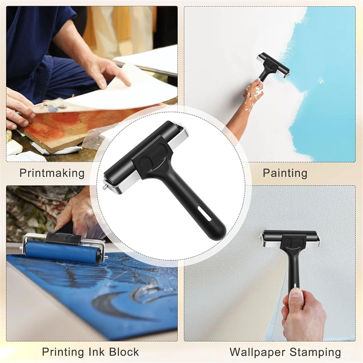 A03R 2Pcs Wooden Block Printing Baren with Rubber Brayer Roller, Block Printing Kit for Crafting, Printing, Inking