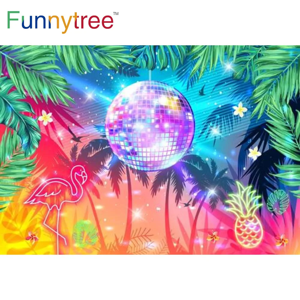 

Funnytree Summer Tropical Disco Birthday Party Backdrop Night Flamingo Trees Neon Banner Vintage Photography Props Background