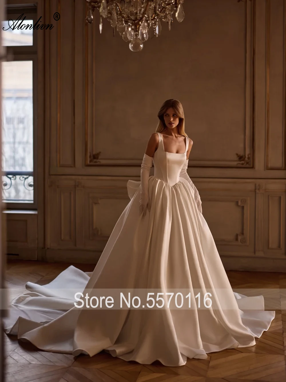 Alonlivn Custom Made Luxury Satin Square Collar A-Line Wedding Dresses With Bow Spaghetti Straps Bridal Dresses