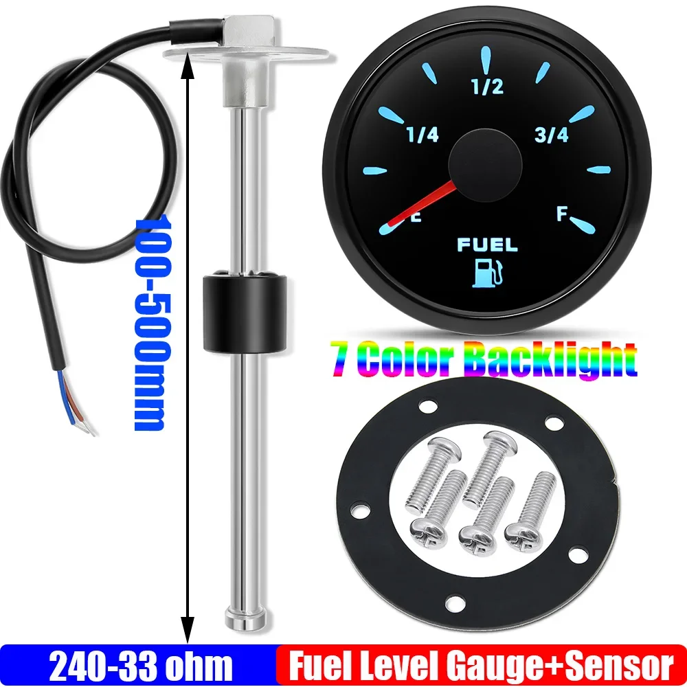 Custom 100~550mm Fuel Level Sensor+52mm Fuel Level Gauge 240-33ohm Oil Tank Meter Indicator 7 Color Light for Car Boat Yacht