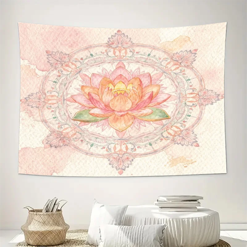 Large Bohemian Mandala Lotus Flower Tapestry Wall Hanging Pink Peach Orange Floral Ethnic Art Decor for Living Room Bedroom Post