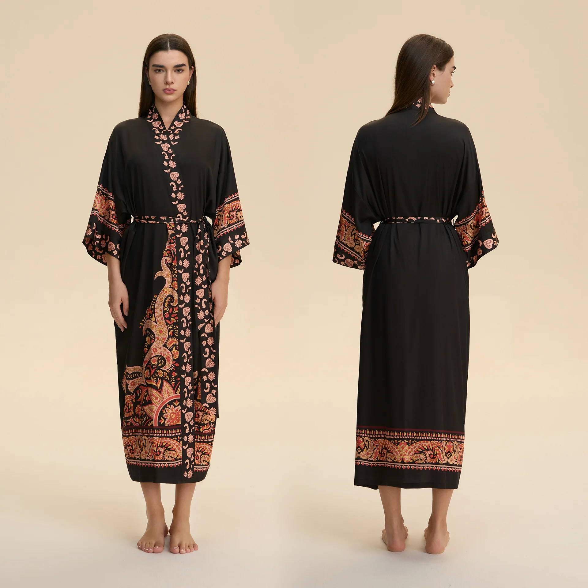 2026 New Arrival: Long-Sleeved, Long-Length, Loose-Fitting Comfortable Kimono-Style Nightgown for Women - Printed Homewear