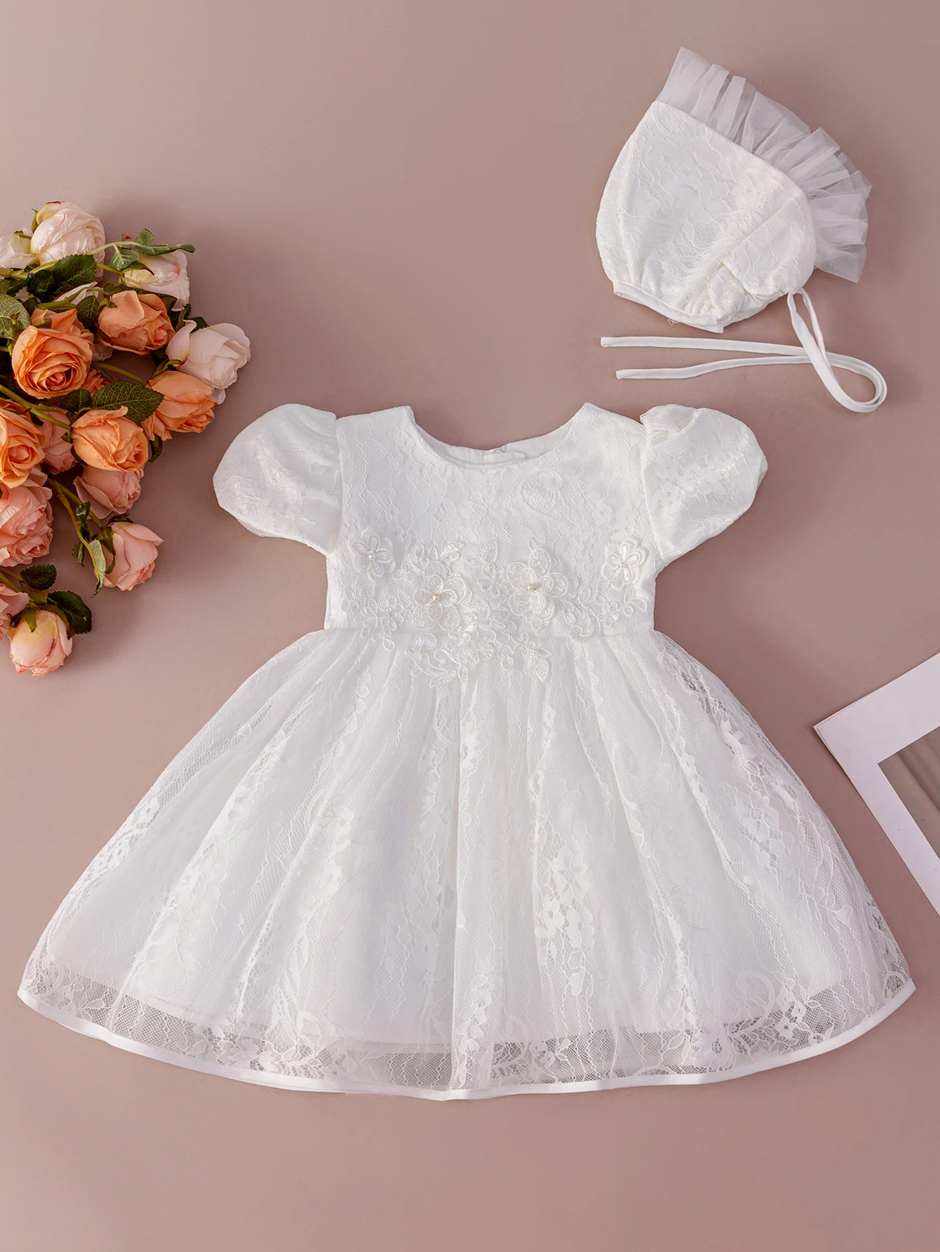 

Infant Girl 0-2 Years Old White Lace Gauze Baptismal Dress With hat