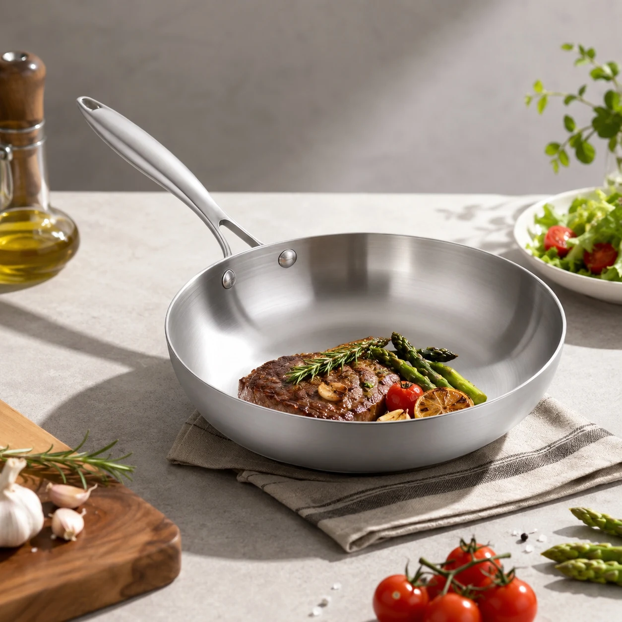 Image of 28cm Edelstahl-Bratpfanne 3,0L Induktionsgeeignet Gastronomische Pfanne 3-lagig ummantelt Strukturierte Innenseite Ofenfest 260 ° C Spülmaschinenfest