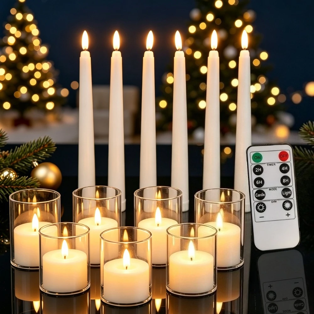 LED Taper Candles Flameless Electric Tealight with Remote Control & Timer 3D Wick Flickering LED Candles Christmas Wedding Decor
