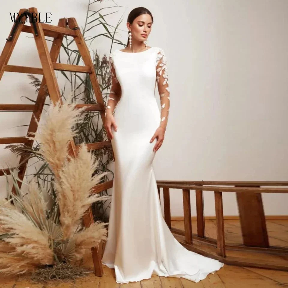 

Mermaid Wedding Dresses 2022 With Long Sleeves Lace Appliques Backless For Bride Sweep Train Custom Made Bridal Gown Buttons