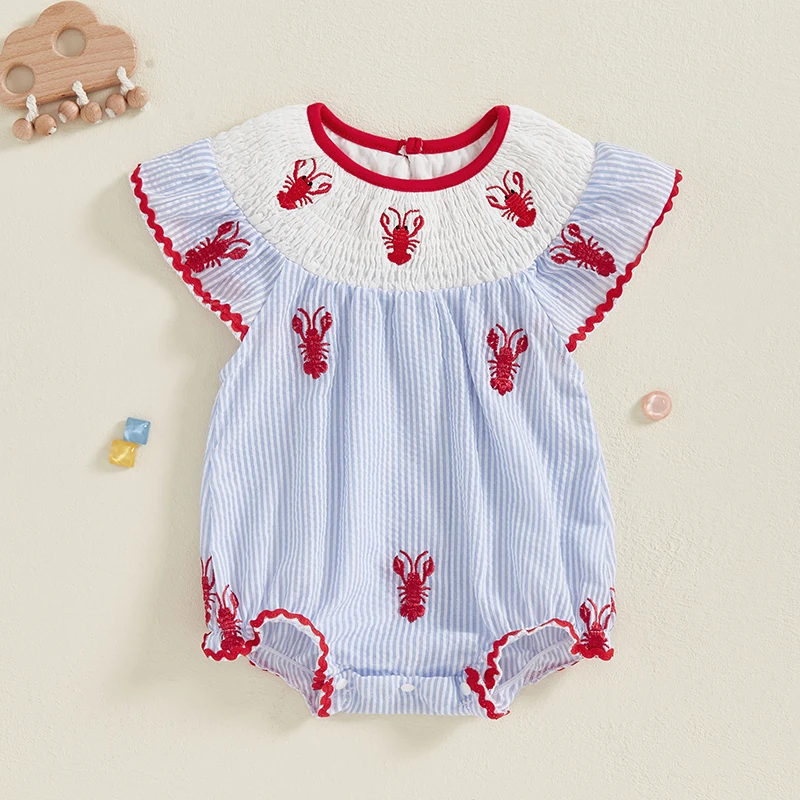 Summer Newborn Baby Girls Smocked Bubble Rompers Lobster Embroidery Sleeveless Ruffles Bodysuits Jumpsuits Toddler Clothing