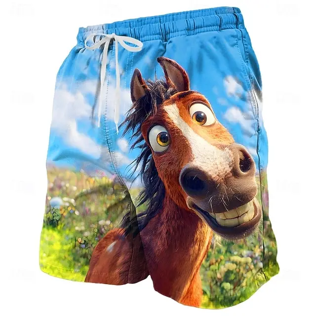 Men's Funny Cartoon Horse Print Beach Shorts 3D Print Smiling Horse Graphic Quick Dry Swim Trunks For Summer Casual Swimwear