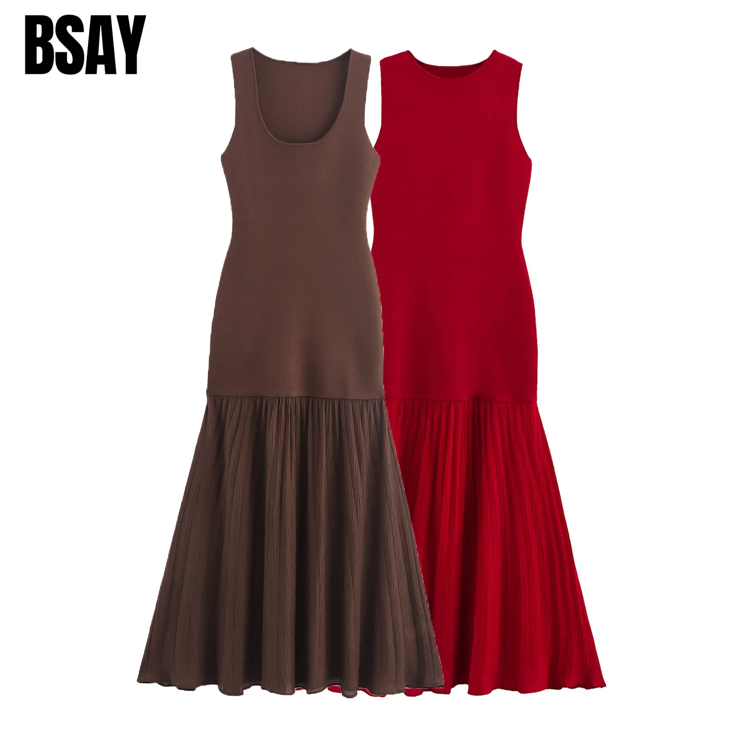BSAY 2026 Women Sleeveless U Neck Knit Patchwork Dress Solid Color Slim Fit Pleated Mermaid Midi Dress Elegant Party Vestidos
