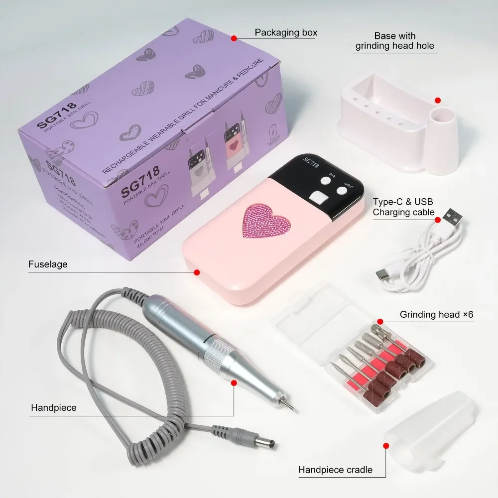 Perceuse à ongles électrique professionnelle 45000 tr/min, lime à ongles Rechargeable, ponceuse à ongles à faible bruit pour outil de Salon de polissage des ongles