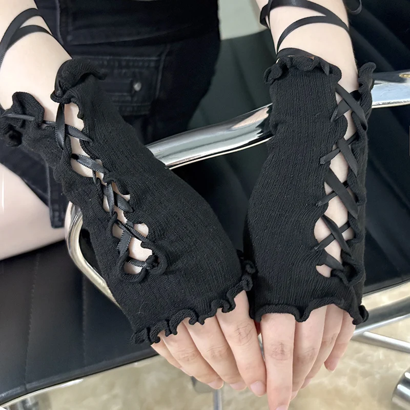 

Женские эластичные перчатки с рюшами в стиле Y2K, кавайные перчатки без пальцев в стиле Лолита JK, черные готические перчатки с ремешками, аксессуары для панк-одежды для девушек