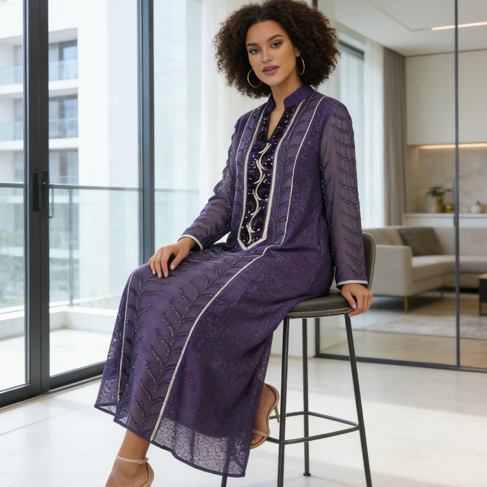 

Новое женское мусульманское платье-джелабия/кафтан с вышивкой и пайетками для Рамадана и Ид, вечернее платье в стиле Дубай, турецкий кафтан, женская джалабия