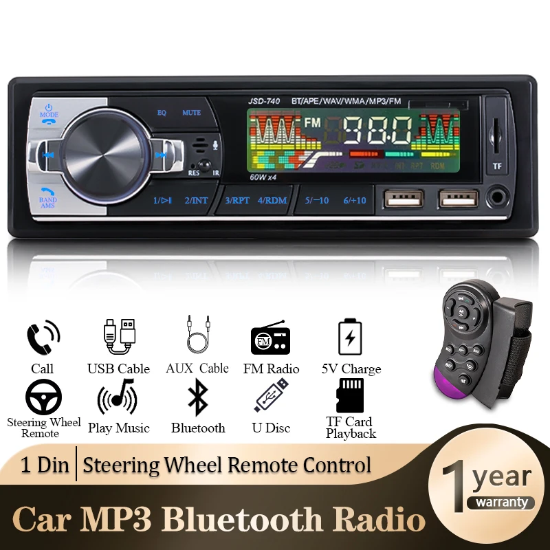 SINOVCLE Car Radio 1din Audio Bluetooth Stereo MP3 Player FM Receiver 60Wx4 With Remote Control AUX/USB/TF Card In Dash Kit