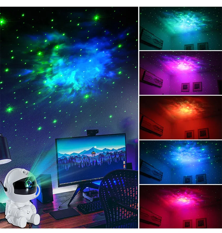 Rocket Astronaut Galaxy Projector Night Light Lamp Sky Projector 360° Rotate Adjustable Bedroom Nebula Projection For Kids Gifts