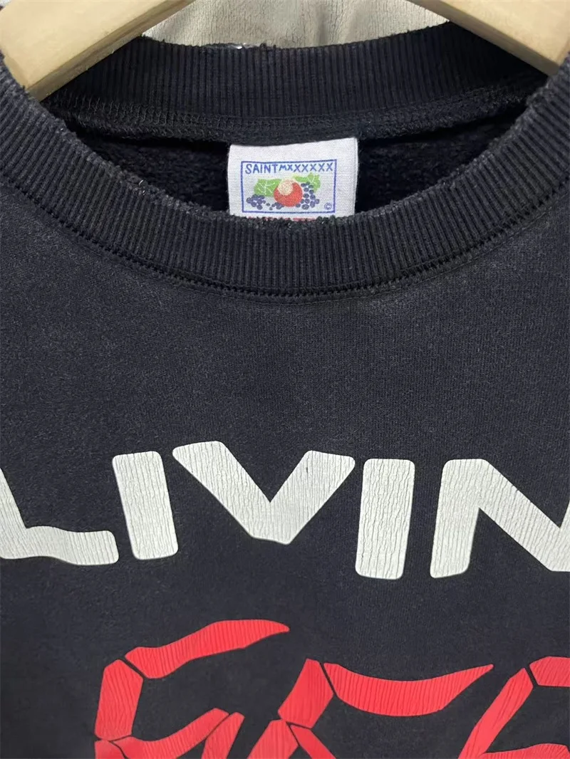 SAINT MICHAEL RAW LIVING 666 LOVE WHIP Sweatshirts Men Women Pure Cotton Black Washed Hoodies